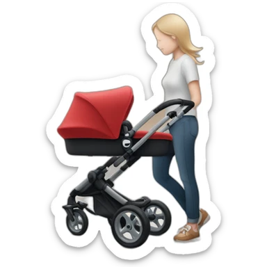 Une fille avec un bébé en poussette bugaboo rouge sticker