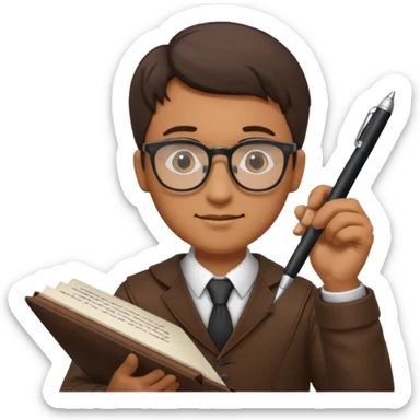 man hold a pen in hand write in book , wearing glasses sticker