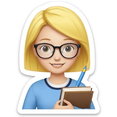 A smart and cute girl with yellow bobbed hair, wearing sky blue clothes,
I hold a book in one arm. There is a pen in the book.
He is wearing black-rimmed glasses and smiling brightly. sticker