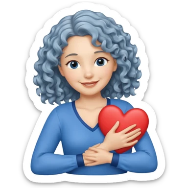 Silver, wavy/curly hair chin-length lady giving hug with 2 arms, blue v-neck and smilingm add a heart sticker