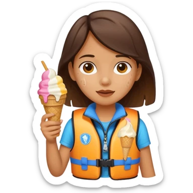 girl kid wearing lifejacket, holding ice cream sticker