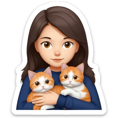 a girl with long dark brown hair, in a navy sweater, hugs a persian peaknose grey cat and persian peaknose orange and white kitten and a persion peaknose brown tabby and white cat sticker