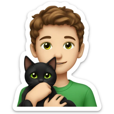little boy with brown hair and brown green eyes cuddling a black cat with green eyes sticker