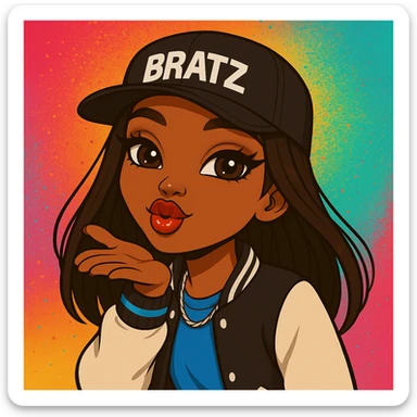 Change the pose to blowing a kiss, headshot only, keep her as a 20-year-old anime Bratz style woman with dark skin, dark hair, trendy streetwear, big expressive eyes, glossy lips, and a happy expression. No tears. sticker