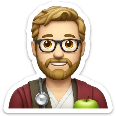 A male nutritionist with a full beard and dark blonde hair and white skin and glasses holding an apple in his hand. Without white kiltze and stetoscope sticker