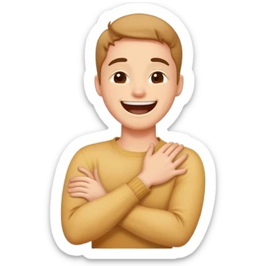 person crossing arms holding neck with a laughing face sticker