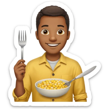 HAPPY BLACK MAN WITH YELLOW OPEN BUTTON-DOWN SHIRT, HOLDING AN FORK AND A COOK CORN BOWL sticker