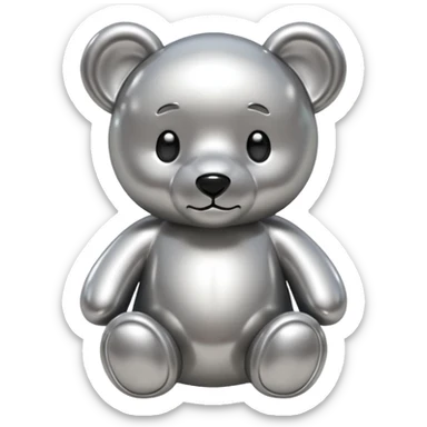 A cute teddy bear emoji made of liquid silver chrome, smooth rounded body, glossy metallic surface, soft reflections, friendly proportions, iOS emoji style, centered, clean white background sticker