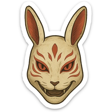 ghibli style evil white rabbit mask with red accents, intricate details sticker