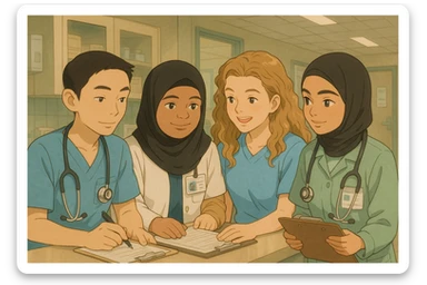 Four student nurses working together in a hospital setting, diverse and collaborative, warm and friendly atmosphere, wearing medical uniforms, soft colors, detailed background, inspired by the four reference faces, Ghibli style illustration. sticker