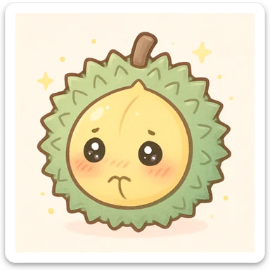 chibi round durian character, green spiky shell, yellow flesh, blushing, shy, sparkly eyes, pastel palette sticker