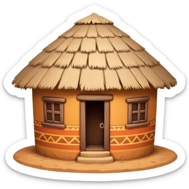 African mud hut tribal house, round adobe clay house, thatched roof, warm sunlight, colorful tribal patterns, cute mobile game icon, 3D cartoon, high detail, clean background sticker