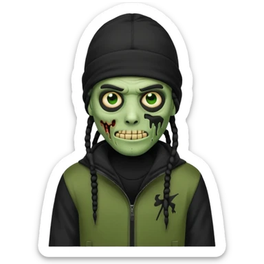 a zombie emoji with black dreads and a black nike jacket and black nike ski mask on his head sticker