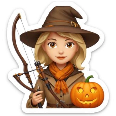 female human monster hunter emoji, wearing brown coat and hat, holding crossbow, soft smile, scarf, glowing pumpkin by her side, Halloween fantasy style, clean vector Apple emoji look, bright colors, white background, square sticker