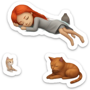 Girl with red hair sleeping next to a GREY CAT sticker