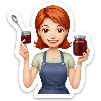 redhead woman with big smile holding a glass jar with jam in one hand and a little spoon with jam in other hand sticker