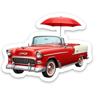 1955 Chevrolet Bel Air Convertible, Red-White color, with a bucket of brown mud pouring down on it. 32x32 pixels, aspect ratio: 1:1 sticker