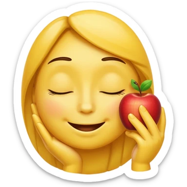 Smug yellow emoji, closed eyes, proud smile, hand on chin, Apple-style. sticker