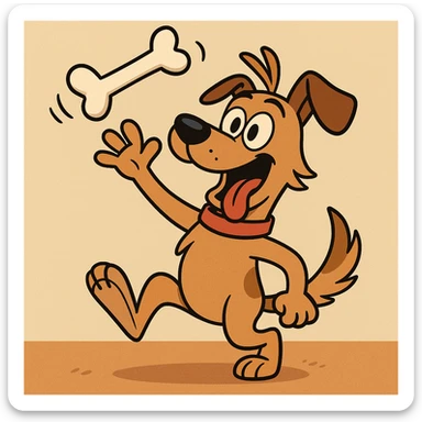 a cartoon dog tossing a bone, playful style, energetic and fun, vibrant colors sticker