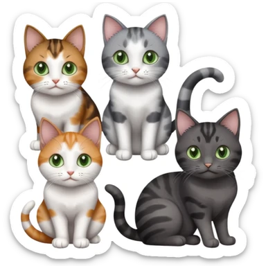 4 different coloured small cats including a dark grey and white, and a patchy calico, and a brown tabby and white,  and a completely solid dark grey with green eyes and only white paws sticker