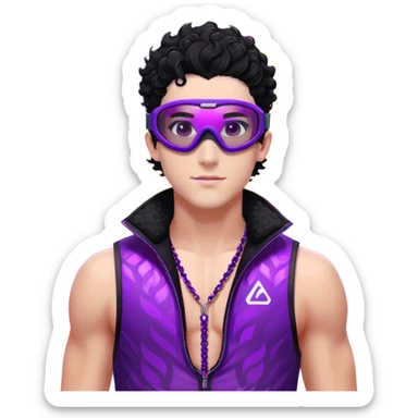male athlete with white skin and moderately curly black hair on top with shaved sides, wearing ski goggles with purple frames and very dark black lenses, a simple plain black chain necklace, and a completely unzipped sleeveless vest with purple and black sequin fire pattern design, fully revealing his chest, shoulders and arms, no earrings sticker