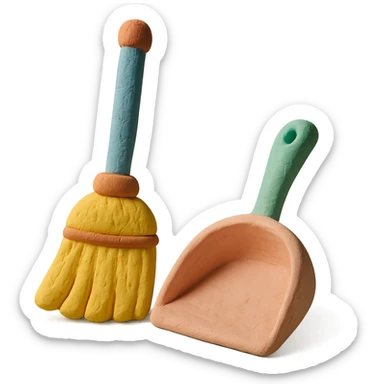 broom and dustpan in playful arrangement, pastel palette, claymation style sticker