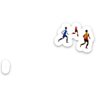 A mini-football match in an indoor sports hall with wooden flooring and clear field markings. The scene shows a vibrant game in action, with players positioned on the court, the goalposts visible, and the atmosphere filled with energy and focus. sticker