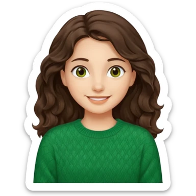 Una chica güera con pelo ondulado, café oscuro, largo, ojos cafés oscuros y con suéter o camisa verde sticker