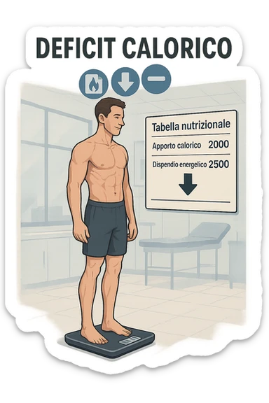 a man stands on a digital scale, looking at a nutrition chart that shows his daily calorie intake is lower than his energy expenditure. Floating icons above his head display a negative calorie balance, and his body appears slightly leaner, with visible muscle definition. The background is a modern clinic, emphasizing the concept of caloric deficit. scritto in italiano sticker