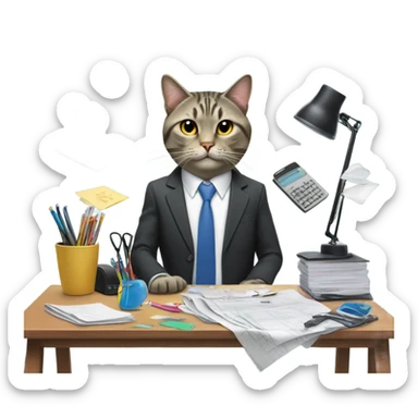 busy cluttered office with cat manager sticker