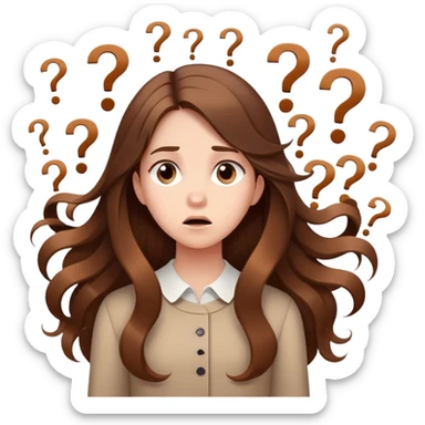 Confused girl with long brown hair surrounded by floating question marks elegant cute  sticker