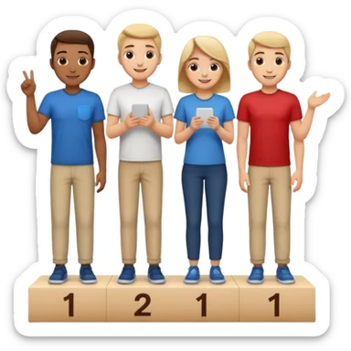 show people on podium in first, second and third place. The podium should be labeled 2, 1, 3. The middle position should only have the number 1.  the people should be dressed causally in regular relaxed clothes

 sticker