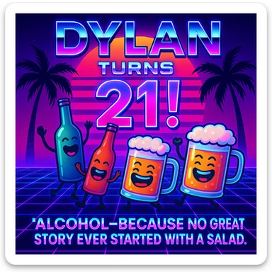 Completely change the style to vaporwave: neon colors, retro 80s grid, palm trees, synthwave sunset, chrome text, and keep the funny drink quote. Make it look digital and bold. sticker