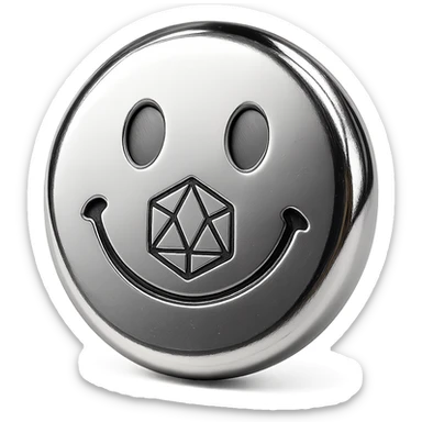 round polished chrome emoji featuring Polyhedra logo rendered with clean futuristic metallic texture cohesive with set sticker