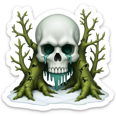 A surreal Alaskan snow covered landscape with mossy trees, in the style of your bleeding skull art. sticker