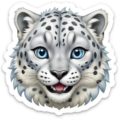 Cinematic-Comical-Snow-Leopard-Portrait-Emoji – Head tilted dramatically with an exaggeratedly amused expression, featuring a thick, spotted white-and-grey coat with a dense ruff around the neck, wide, piercing icy blue eyes filled with playful disbelief zoomed out showing the shoulders sticker