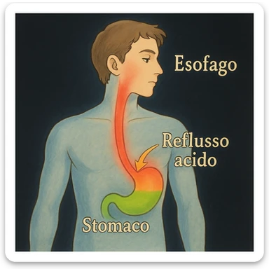 Medical illustration in Italian of gastroesophageal reflux: stylized figure of a man, esophagus highlighted in red, acid rising from the stomach to the esophagus. Add Italian labels: 'Esofago', 'Stomaco', 'Reflusso acido'. Dark background, clear illustrative style. sticker