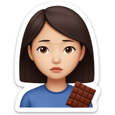 A young Asian female with a gloomy expression, thinking of chocolate sticker