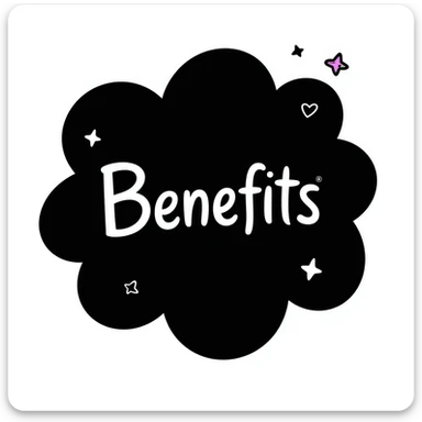 The word "Benefits" hand-drawn in white text with a dark background and just a few colorful accents. Simple doodle style with minimal decoration. sticker