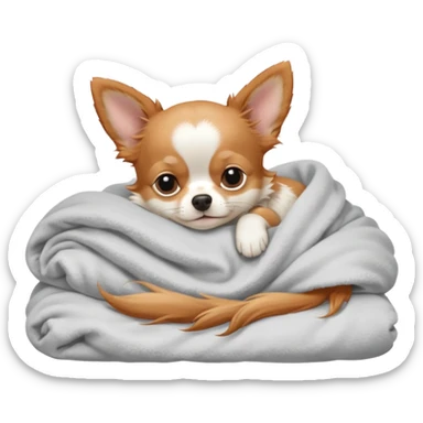 Long haired chihuahua, beige/redhaired, pale head, with white chest and white socks, head without white, sleeping cutely under blanket sticker