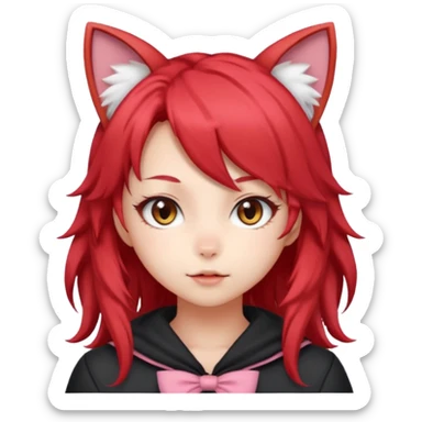 very cute anime cat-girl with cat ears, red blowing hair sticker
