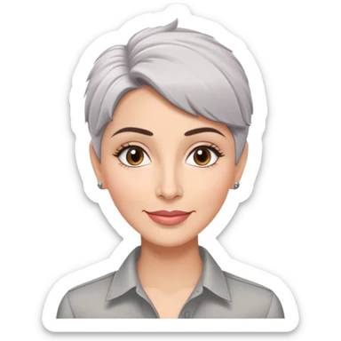 Puerto Rican actress Marian Pabón with elongated face, light pinkish skin, almond-shaped expressive eyes, straight nose, well-defined lips with wide smile, arched eyebrows, pronounced cheekbones, short spiky gray hair like a man's cut, wearing a white buttoned shirt sticker