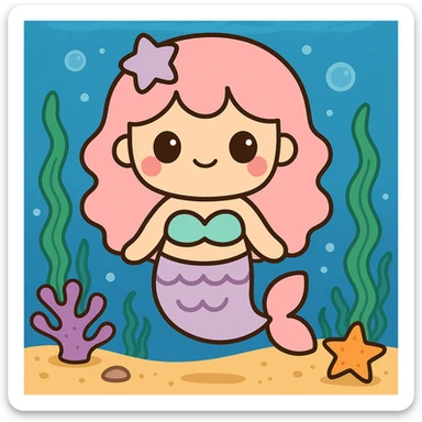 Add an underwater themed background to the pink-tailed mermaid while preserving the cute and colorful style. sticker