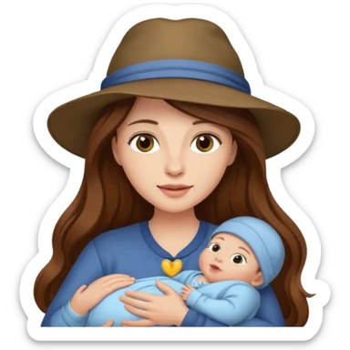 "Woman with long brown hair and fair skin holding a baby who is wearing a hat and has fair skin."
 sticker
