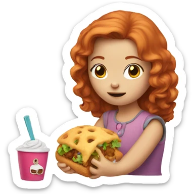 Redheaded girl, eating a toy sticker
