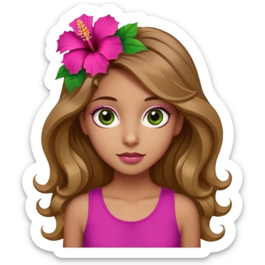 Una ragazza con gli occhi tra il marrone e il verde con gli occhi grandi i capelli lunghi castani quasi biondi lunghi fino alle spalle,poi magra con un top fucsia e uh hibicus sempre fucsia trai capelli  sticker