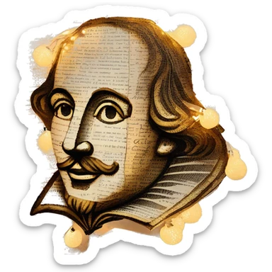 Glowing Shakespeare made of newspaper and bokeh fairy lights lanterns stained glass, fairy lights, bokeh, annotated sketch, handwritten letters, collage of intricate patterns, lantern, bokeh sticker