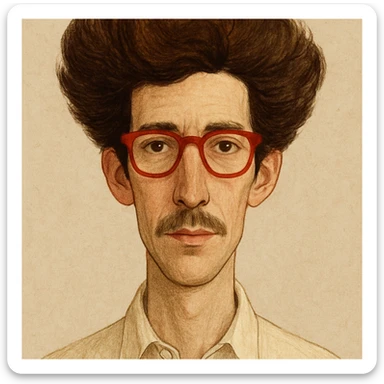 slightly elongated face of a man with red glasses and a big set of brown hair, style 3 sticker