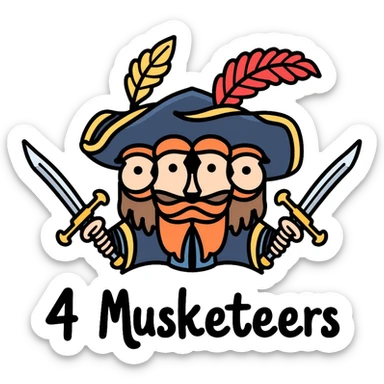 Four musketeers with feathered hats and swords with the text "4 Musketeers" sticker