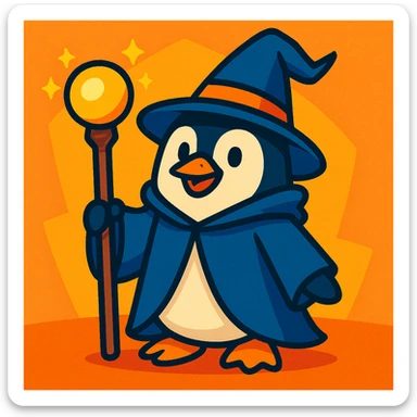 a penguin dressed as a wizard, with a pointy hat and a magic staff, charming colorful style sticker